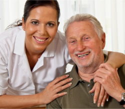 a nurse and an old man smiling